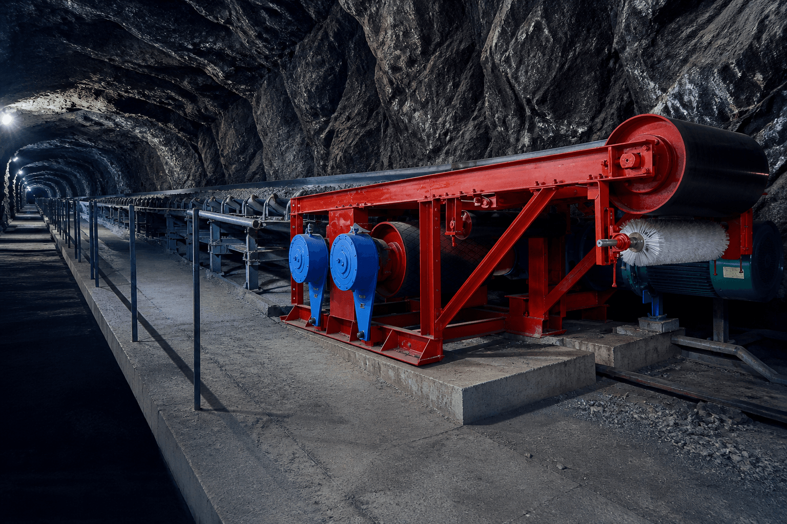 Belt conveyor drive station connected to an underground bulk-material conveyor